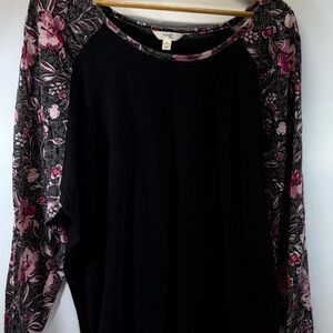 Terra & Sky Black Sweatshirt with Pink Floral Sleeves